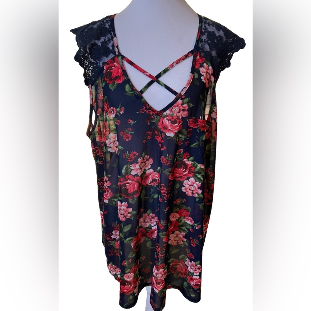 IVY ROSE Navy Blue Pink Roses Criss Cross + Lace Semi Sheer Blouse Top Plus 3x
